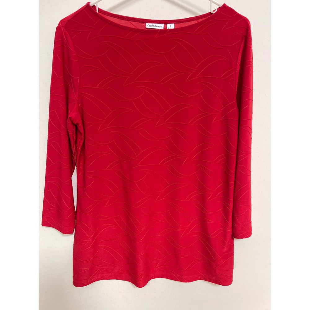 Croft & Barrow Red Embroidered Leaf Boat Neck 3/4 Sleeve Top Small